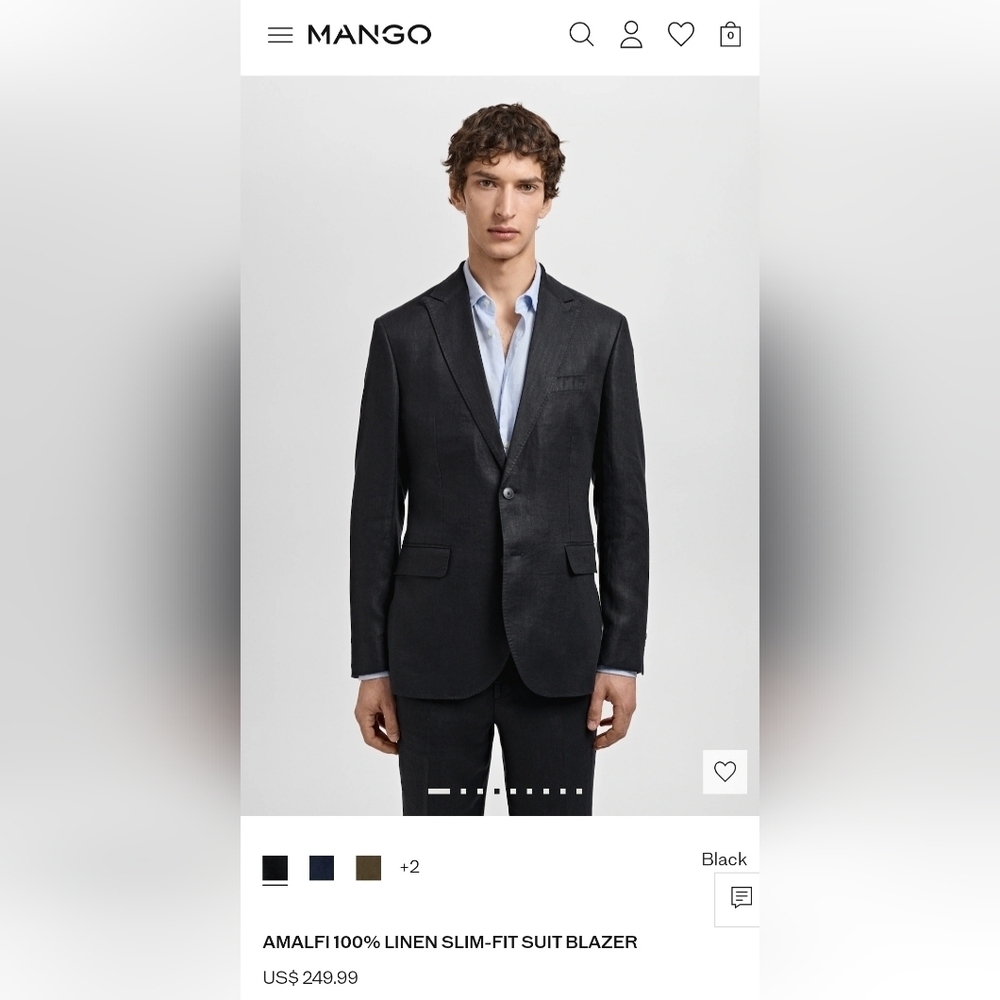 Mango Mens Slim Fit Tailored Sz 44 Black Linen Blazer. Unlined. 100% Linen NWT
